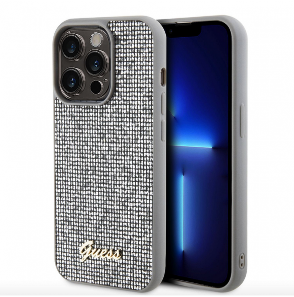 Guess PU Square Mirror Script Logo Fodral för iPhone 15 Pro Silver