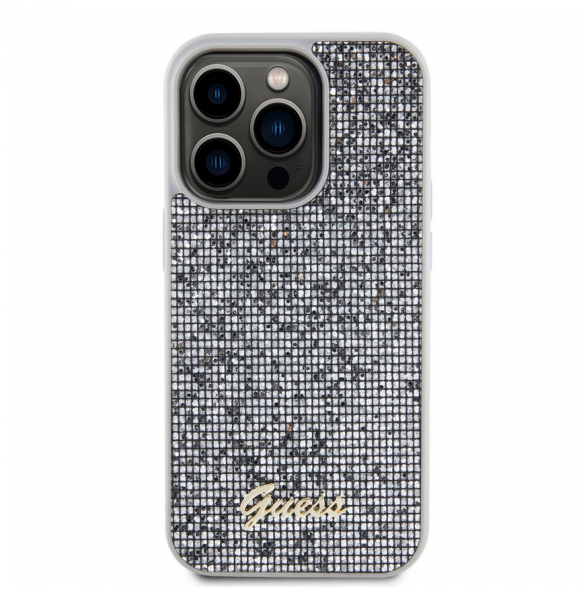 Guess PU Square Mirror Script Logo Fodral för iPhone 15 Pro Silver
