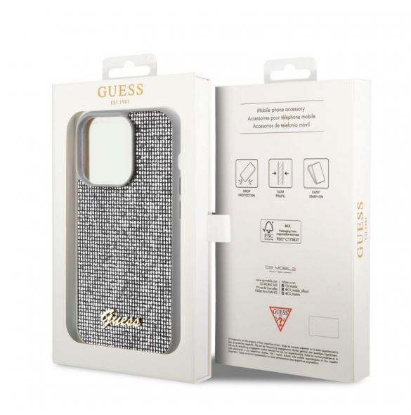 Guess PU Square Mirror Script Logo Fodral för iPhone 15 Pro Silver