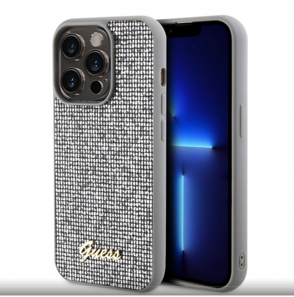 Guess PU Square Mirror Script Logo Fodral för iPhone 15 Pro Max Silver