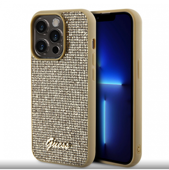 Guess PU Square Mirror Script Logo Fodral för iPhone 15 Pro Gold