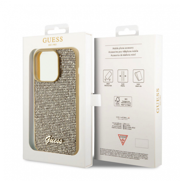 Guess PU Square Mirror Script Logo Fodral för iPhone 15 Pro Gold