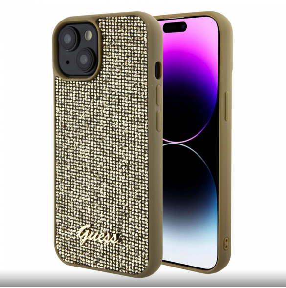 Guess PU Square Mirror Script Logo Fodral för iPhone 15 Gold