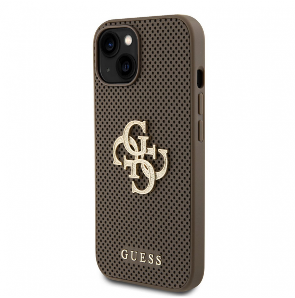 Guess PU Perforerad 4G Glitter Metal Logotypfodral för iPhone 15 Taupe