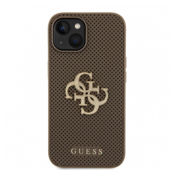 Guess PU Perforerad 4G Glitter Metal Logotypfodral för iPhone 15 Taupe