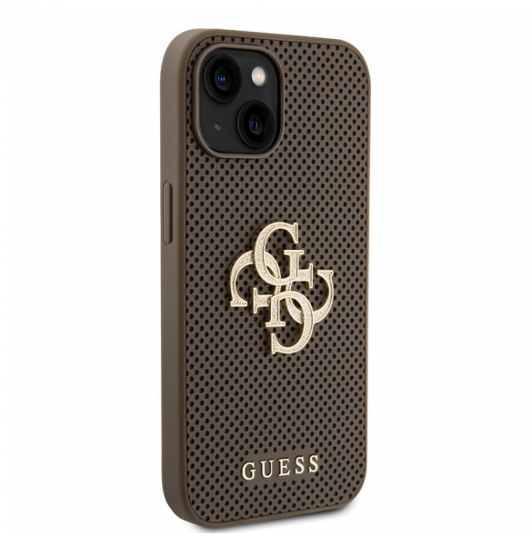 Guess PU Perforerad 4G Glitter Metal Logotypfodral för iPhone 15 Taupe