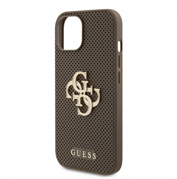 Guess PU Perforerad 4G Glitter Metal Logotypfodral för iPhone 15 Taupe