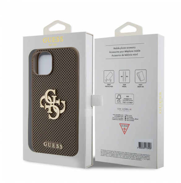 Guess PU Perforerad 4G Glitter Metal Logotypfodral för iPhone 15 Taupe