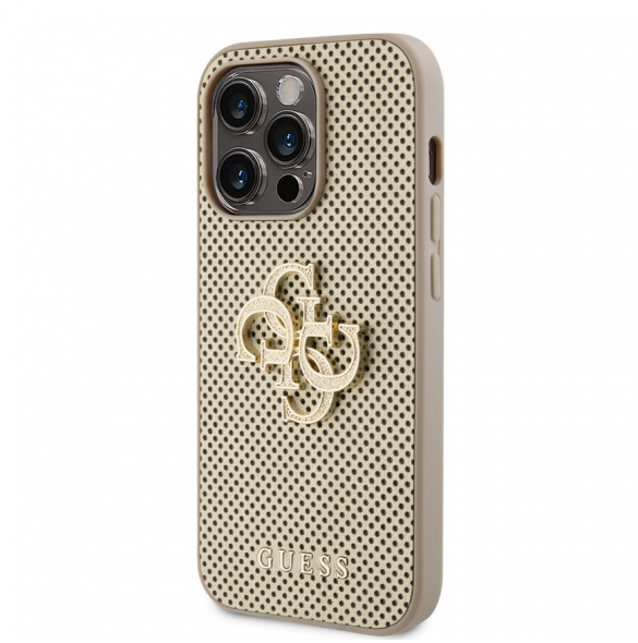 Guess PU Perforated 4G Glitter Metal Logo-fodral för iPhone 15 Pro Max Gold