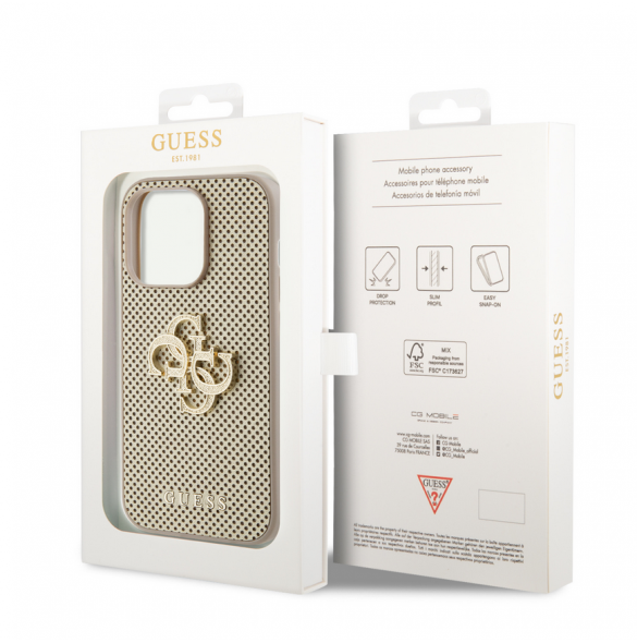 Guess PU Perforated 4G Glitter Metal Logo-fodral för iPhone 15 Pro Max Gold