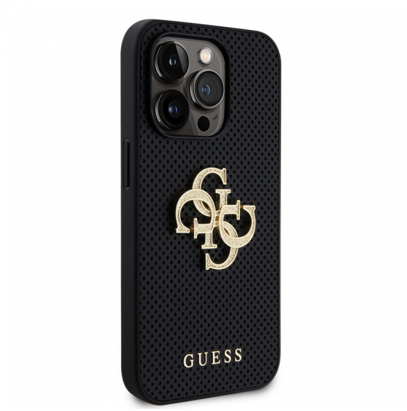 Guess PU Perforerat 4G Glitter Metal Logotypfodral för iPhone 15 Pro Max Svart