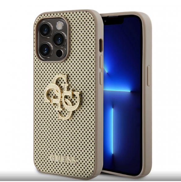Guess PU Perforated 4G Glitter Metal Logo Fodral för iPhone 15 Pro Gold