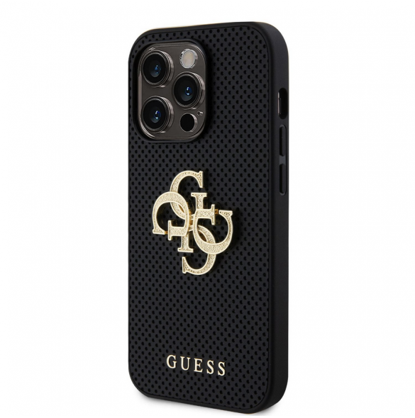 Guess PU Perforated 4G Glitter Metal Logo Fodral för iPhone 15 Pro Svart