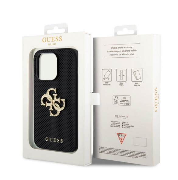 Guess PU Perforated 4G Glitter Metal Logo Fodral för iPhone 15 Pro Svart