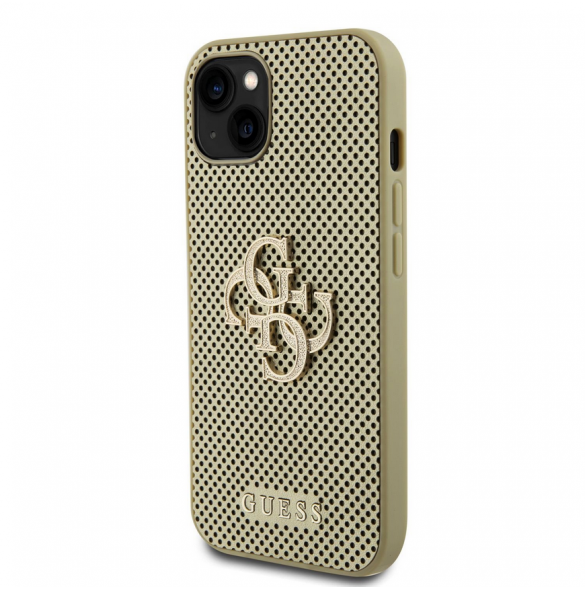 Guess PU Perforated 4G Glitter Metal Logo-fodral för iPhone 15 Gold