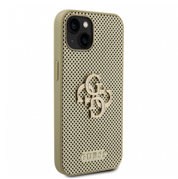 Guess PU Perforated 4G Glitter Metal Logo-fodral för iPhone 15 Gold
