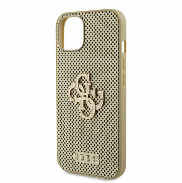 Guess PU Perforated 4G Glitter Metal Logo-fodral för iPhone 15 Gold