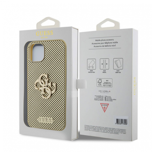 Guess PU Perforated 4G Glitter Metal Logo-fodral för iPhone 15 Gold