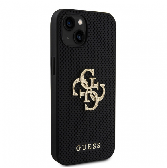 Guess PU Perforated 4G Glitter Metal Logo Fodral för iPhone 15 Svart