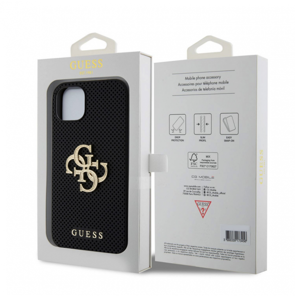 Guess PU Perforated 4G Glitter Metal Logo Fodral för iPhone 15 Svart