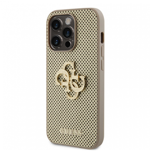 Guess PU Perforated 4G Glitter Metal Logo-fodral för iPhone 14 Pro Max Gold