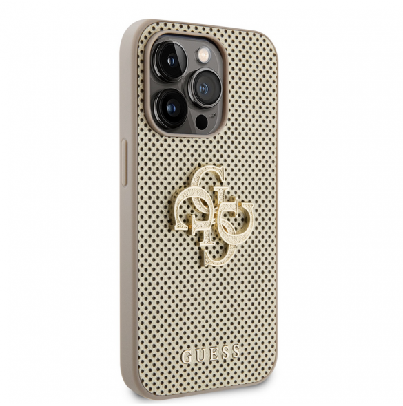 Guess PU Perforated 4G Glitter Metal Logo-fodral för iPhone 14 Pro Gold