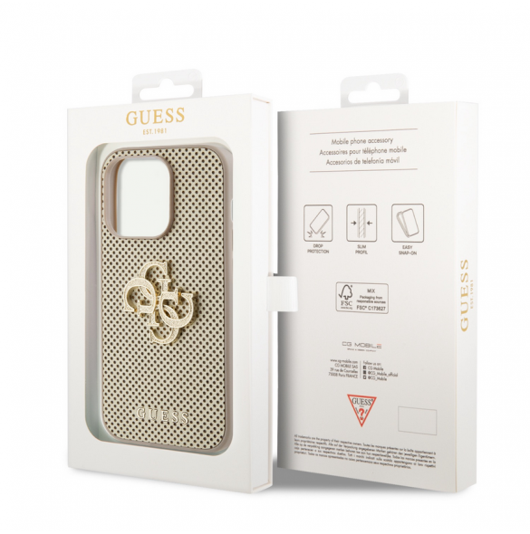 Guess PU Perforated 4G Glitter Metal Logo-fodral för iPhone 14 Pro Gold