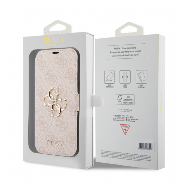 Guess PU Leather 4G Metal Logo Bokfodral för iPhone 15 Pro Max Rosa