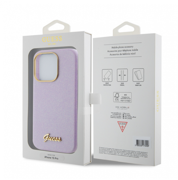 Guess PU Glitter helt inslaget fodral till iPhone 15 Pro Lilac