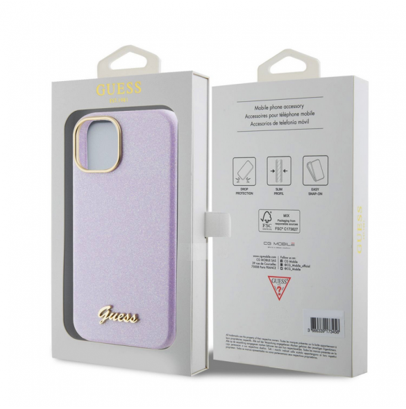 Guess PU Glitter helt inslaget fodral till iPhone 15 Lilac