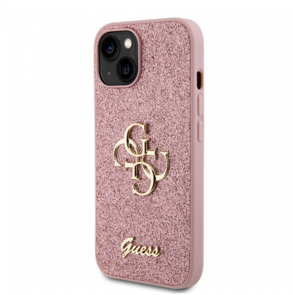 Guess PU Fixed Glitter 4G metalllogofodral för iPhone 13 Rosa