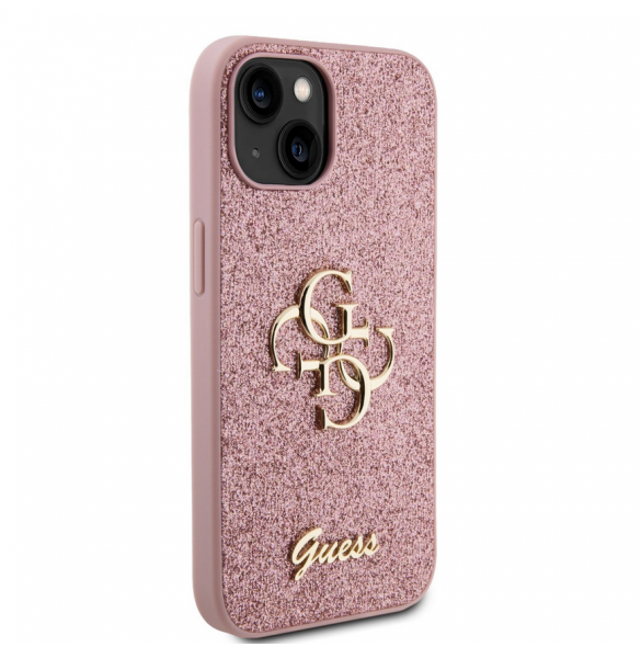 Guess PU Fixed Glitter 4G metalllogofodral för iPhone 13 Rosa