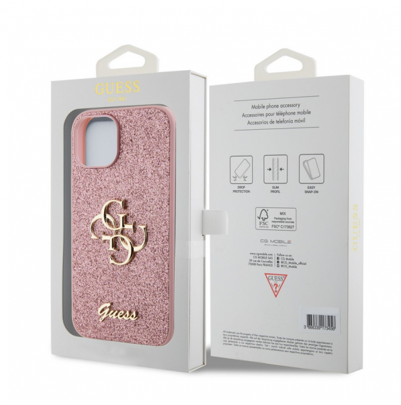 Guess PU Fixed Glitter 4G metalllogofodral för iPhone 13 Rosa