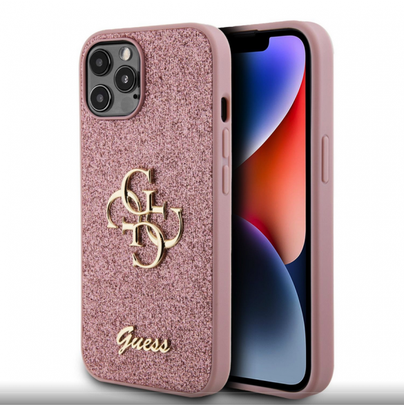 Guess PU Fixed Glitter 4G metalllogofodral för iPhone 12/12 Pro Pink