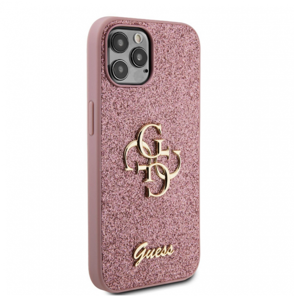 Guess PU Fixed Glitter 4G metalllogofodral för iPhone 12/12 Pro Pink