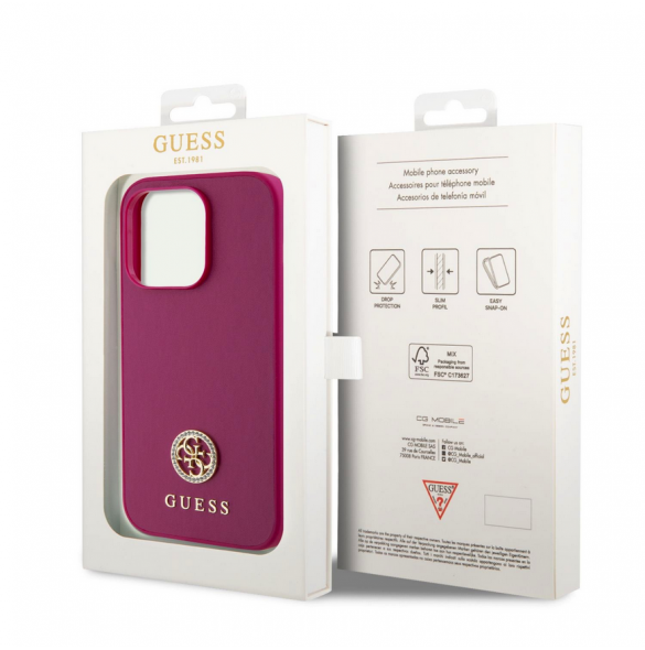 Guess PU 4G Strass metalllogofodral för iPhone 15 Pro Pink
