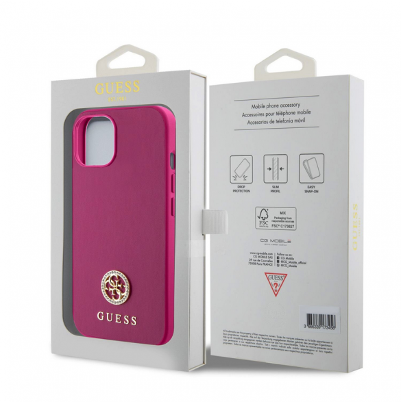 Guess PU 4G Strass metalllogofodral för iPhone 15 Rosa