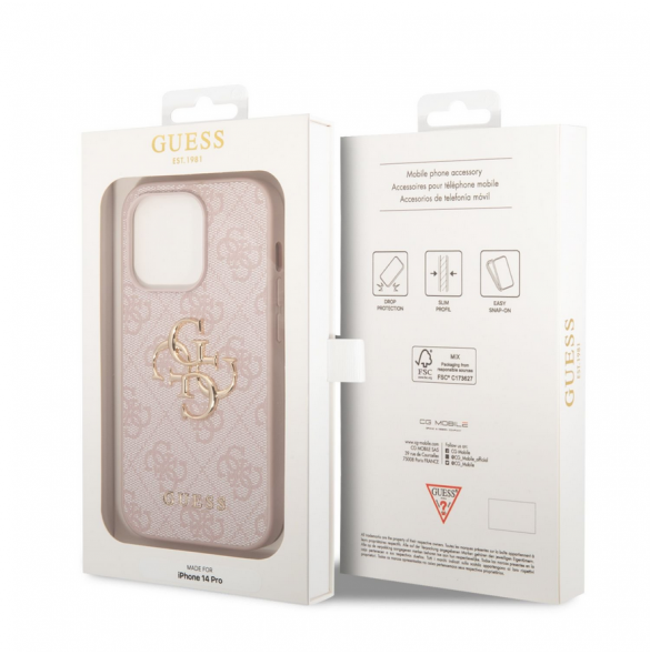 Guess PU 4G metalllogofodral för iPhone 14 Pro Pink