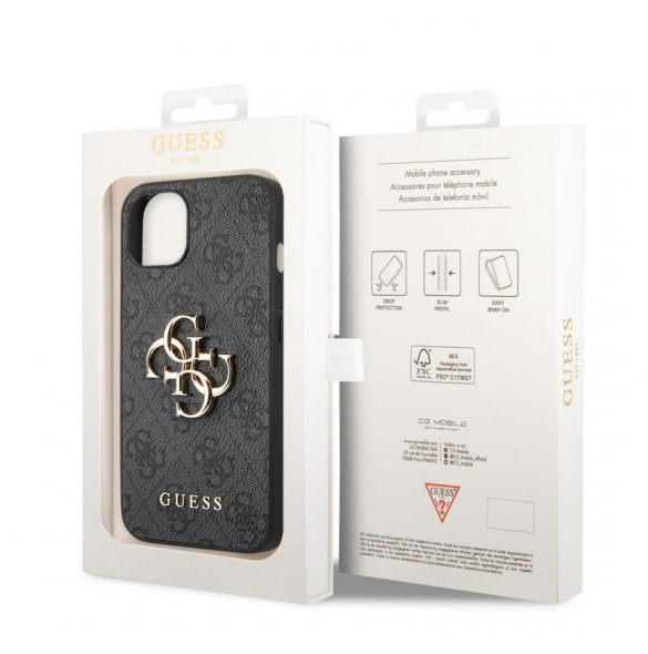 Guess PU 4G metalllogofodral för iPhone 14 Plus Grå