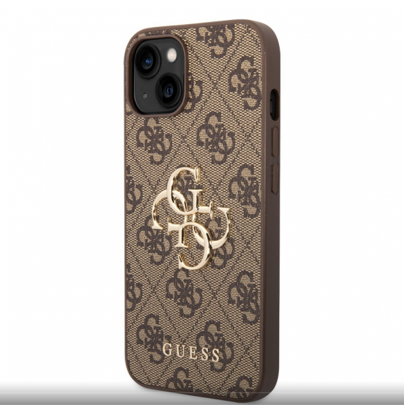 Guess PU 4G metalllogofodral för iPhone 14 Brun