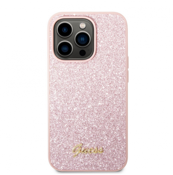 Guess PC/TPU Glitter Flakes metalllogofodral för iPhone 14 Pro Pink
