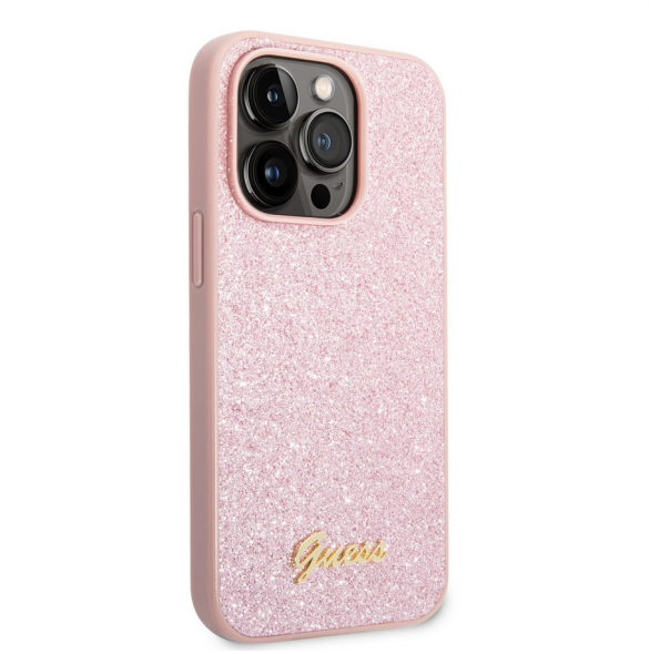 Guess PC/TPU Glitter Flakes metalllogofodral för iPhone 14 Pro Pink