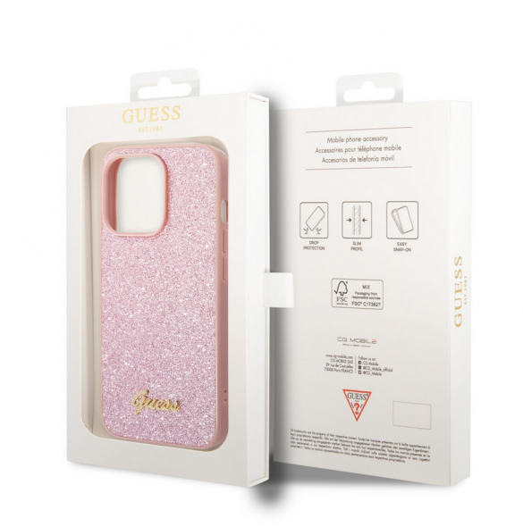 Guess PC/TPU Glitter Flakes metalllogofodral för iPhone 14 Pro Pink