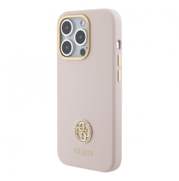 Guess Liquid Silicone 4G Strass Metal Logotypfodral till iPhone 15 Pro Pink