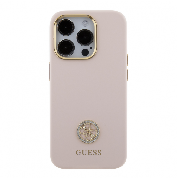 Guess Liquid Silicone 4G Strass Metal Logotypfodral till iPhone 15 Pro Pink