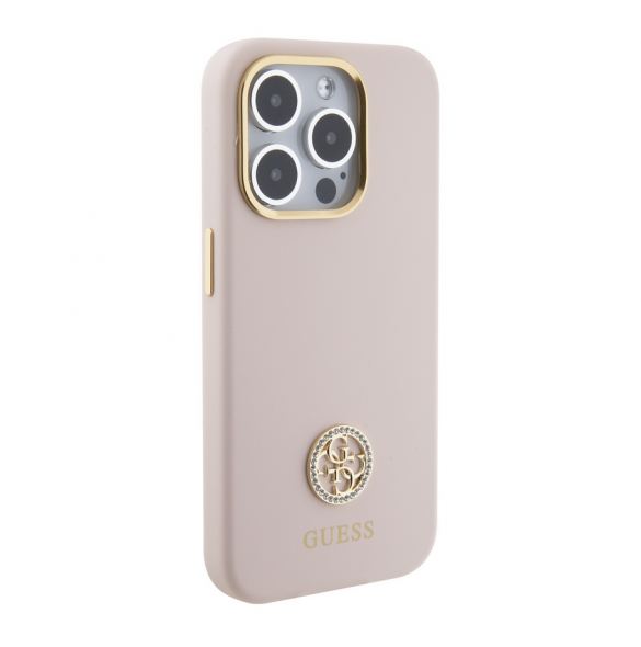 Guess Liquid Silicone 4G Strass Metal Logotypfodral till iPhone 15 Pro Pink