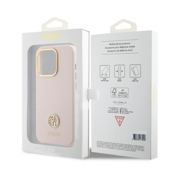 Guess Liquid Silicone 4G Strass Metal Logotypfodral till iPhone 15 Pro Pink