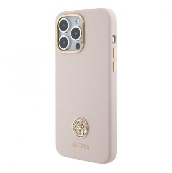 Guess Liquid Silicone 4G Strass Metal Logo Fodral för iPhone 15 Pro Max Rosa