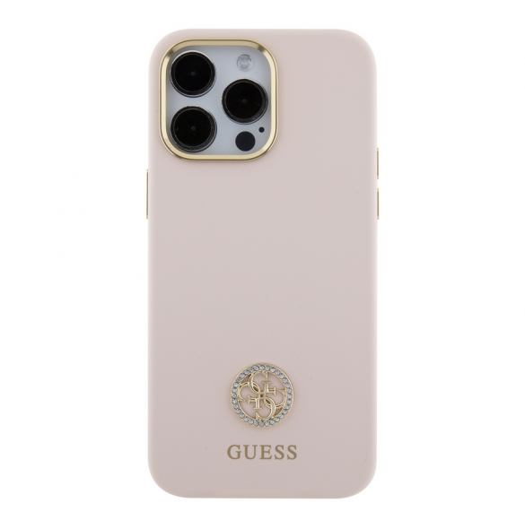 Guess Liquid Silicone 4G Strass Metal Logo Fodral för iPhone 15 Pro Max Rosa