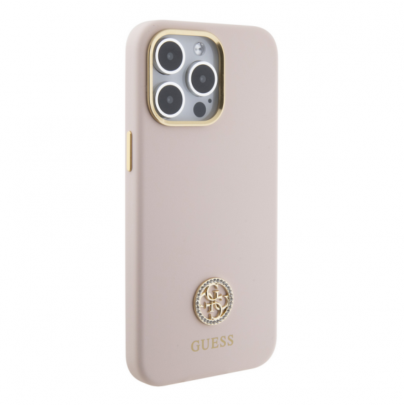 Guess Liquid Silicone 4G Strass Metal Logo Fodral för iPhone 15 Pro Max Rosa